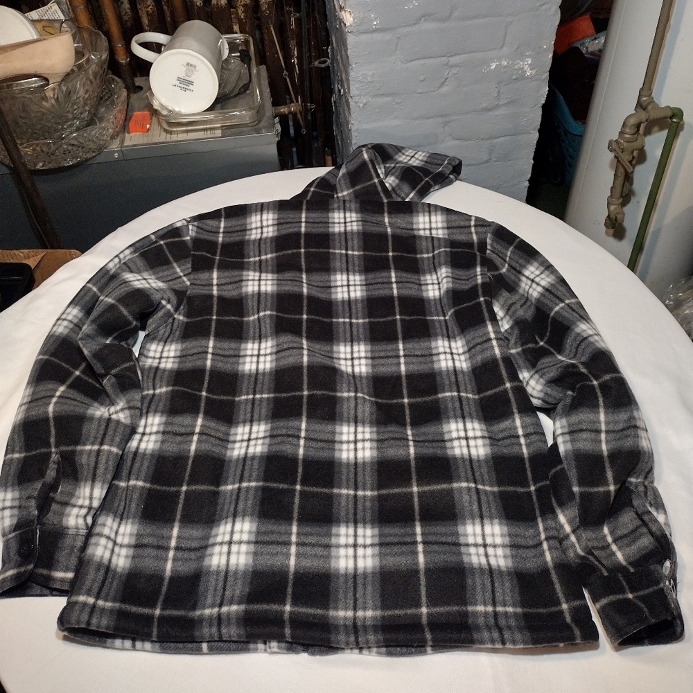 Hanton Black and White Plaid Fleece Sherpa Lined Zippered Hooded Jacket - Picture 11 of 12